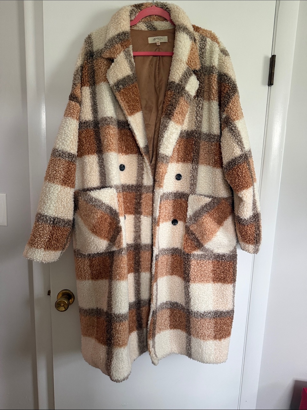 Plaid Teddy Coat in Cream and Brown - Women's Plush Sherpa Jacket